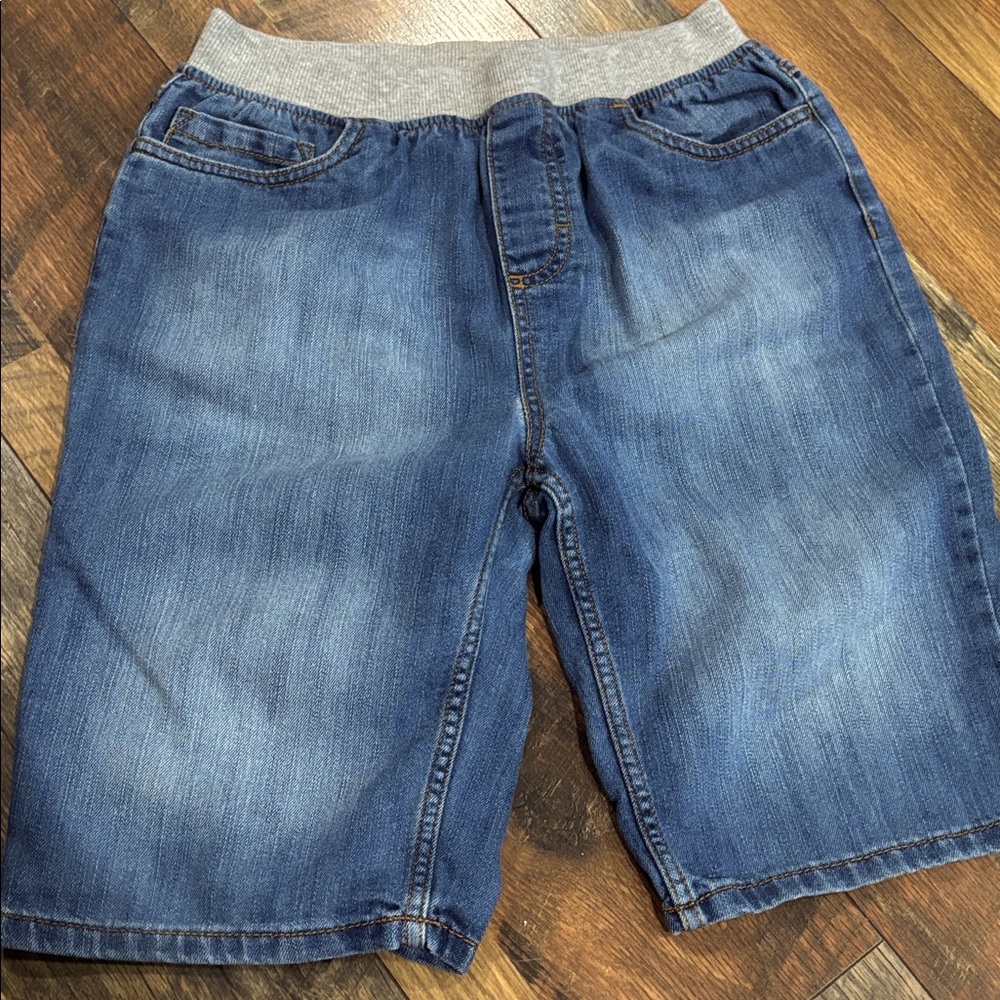 Blue Denim Shorts with Gray Waistband
